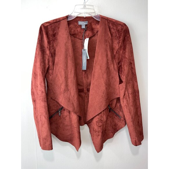 Market & Spruce Womens Rust Faux Suede Waterfall Open Front Jacket With Zipper P - Picture 1 of 9